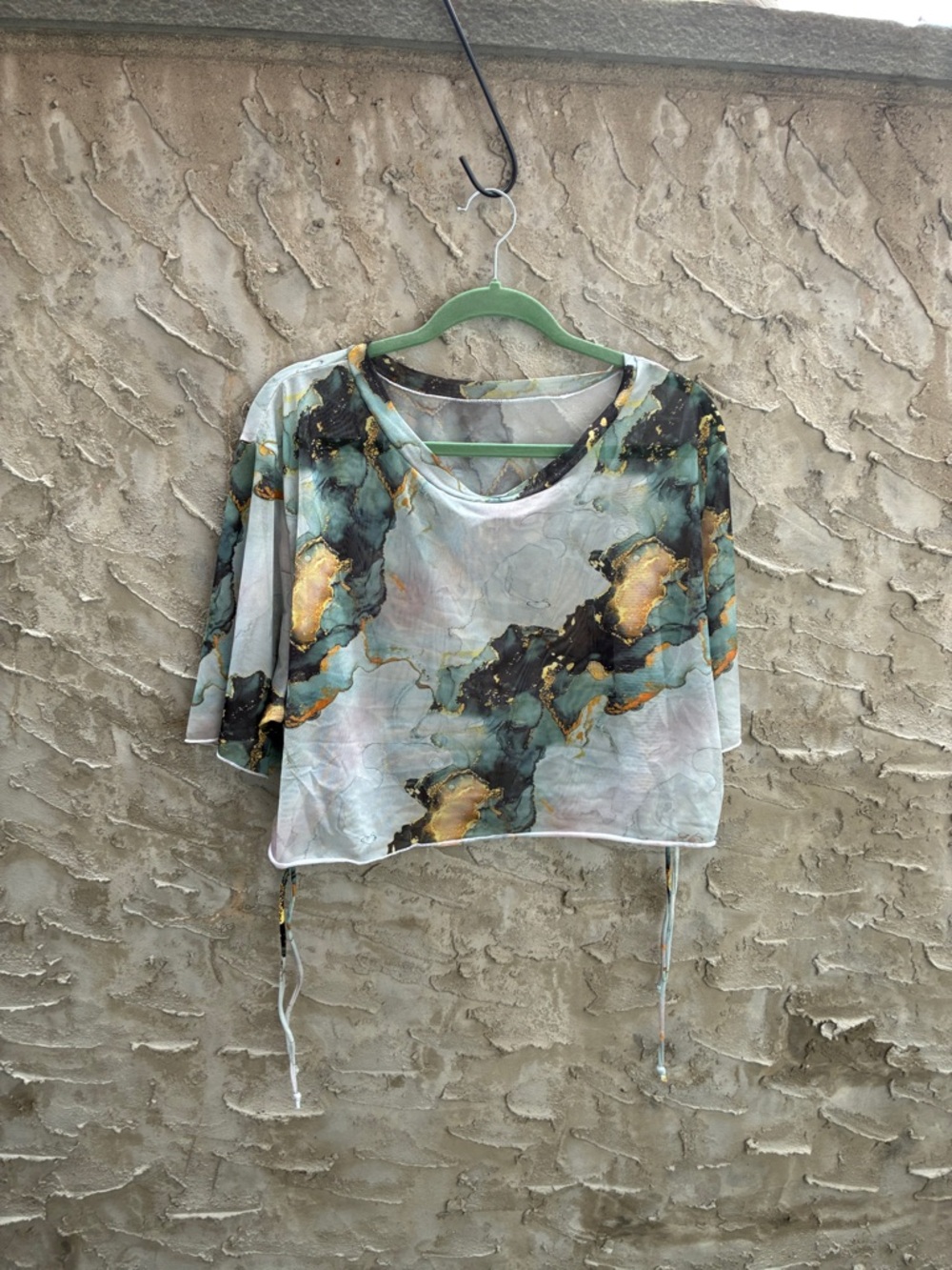 Retro VTG Abstract Print Crop Top in Teal and Gold See Through Sinched Sides